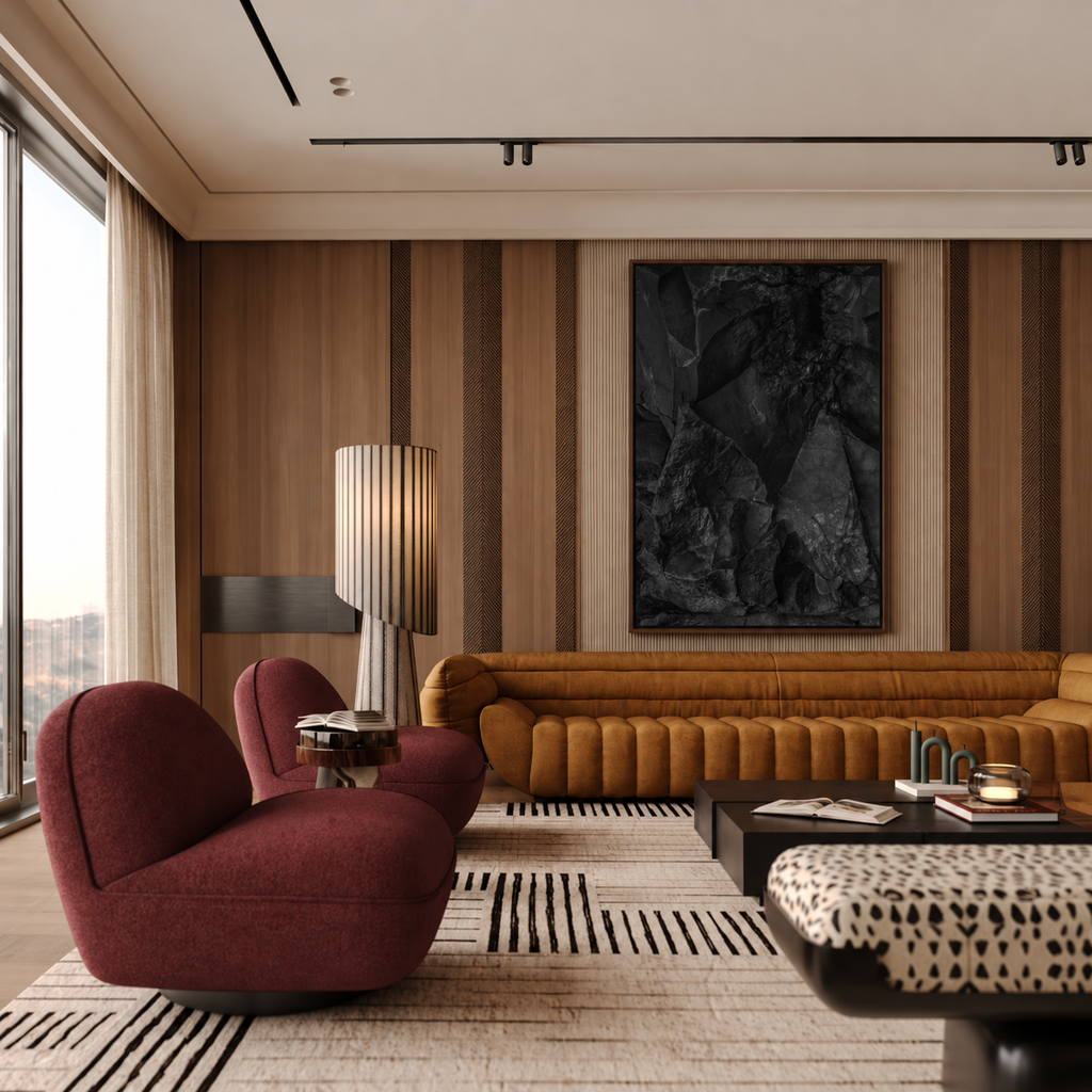 Vertical black stone photograph in a slim dark frame, centered on one panel of a wood paneled wall above a long caramel sofa, with two burgundy armchairs and a striped rug