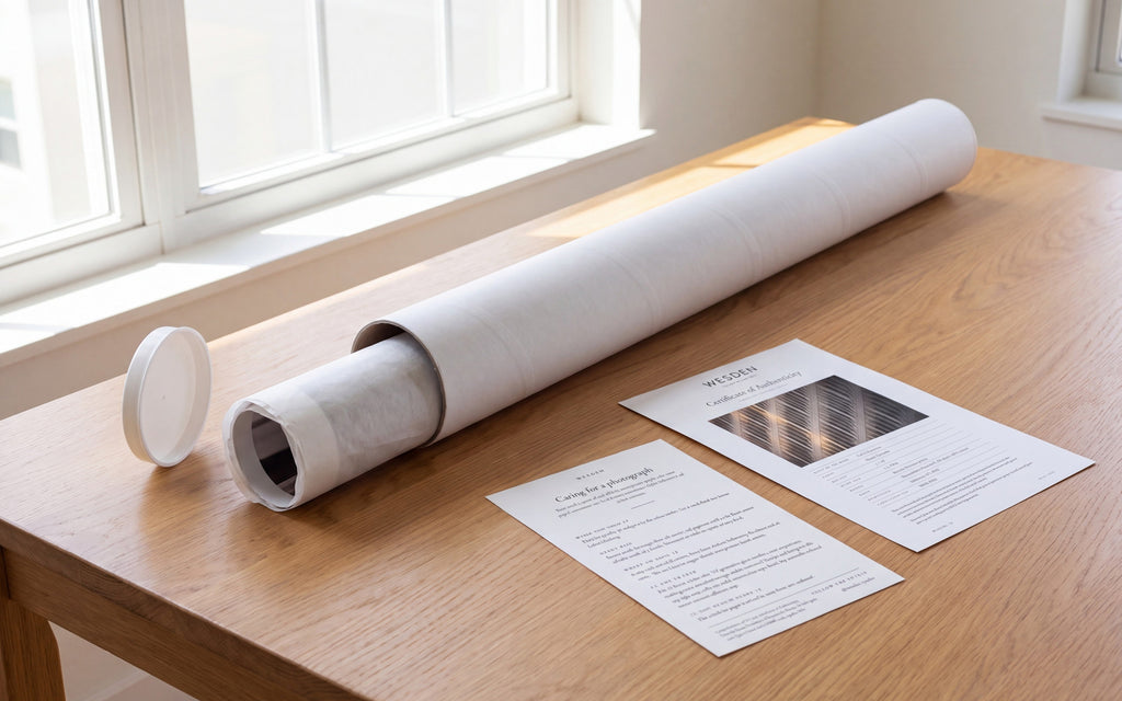 White shipping tube on an oak table with a rolled fine art print in protective tissue sliding out of its open end, beside a Wesden certificate of authenticity and a care guide